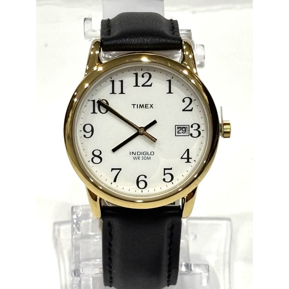 Timex Easy Reader Men's Gold Tone Watch White Dial Black Leather Band Date - Picture 2 of 10